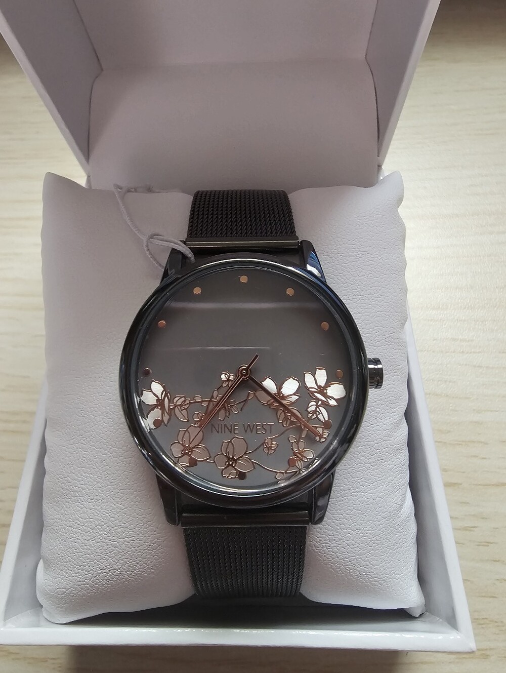 Nine West Gunmetal Gray with Rose Gold Tone Floral Design Bracelet Watch